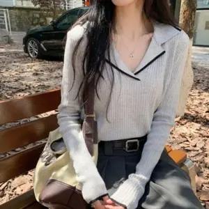 여성 카라 추천 티셔츠 골지 꾸안꾸 여자 긴팔 상의 (KYR-WFGV75X)