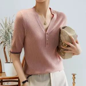 여성 여름 골지 브이넥 반팔 니트 티셔츠 핑크 (KYR-WC797A5)