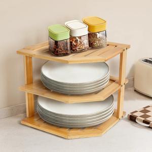 3단 주방 수납장 정리대 견고한 접시 대나무 코너 선반 식기 건조대 (싱크대/수납장용)
