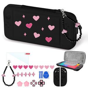 스위치 2 2025용 귀여운 여행용 휴대용 케이스, 실리콘 제이콘 커버, 엄지 그립 캡, 스크린 프로텍터, 러브 하트 스트랩 및 여아용 자수 스티커, 블랙