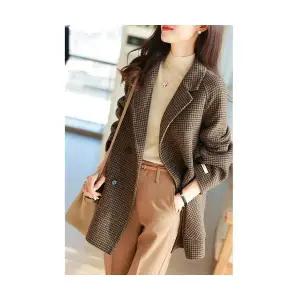 EAMT 여자정장자켓 체크 모직 코트 봄가을 겨울 세미 정장 카라 YJ4