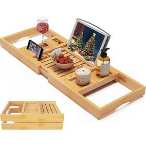 고급 목욕용 접이식 대나무 욕조 캐디 트레이 확장 가능, 와인잔 홀더 포함, 남성/여성용 측면이 확장된 북 스탠드 욕실 정리함
