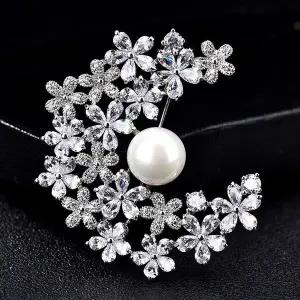 [하프클럽/]반달 목걸이팬던트 겸용 지르코니아 큐빅 핵진주 브로치