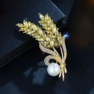 [하프클럽/]보리 잎사귀 쿠픽 골드0지르코니아 패션브로치 진주 옷핀 옐로