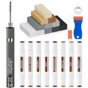 열 펜이 있는 라미네이트 비닐 목재 바닥 스크래치 수리 키트 - 11가지 색상 회색 하드우드 스틱 및 8가지 듀얼 팁 가구 마커 터치업, 리놀륨 복원 용융 도구 세트