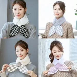 (앙상블) 리본 나염 퍼 니트 머플러 목도리 스카프