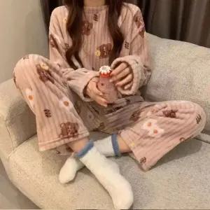 귀여품 패턴 극세사 골지 긴팔 잠옷 상하의 세트 여자 겨울 잠옷