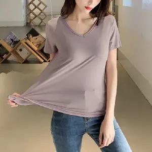 여성 봄 여름 모달 텐셀 스판 쫀쫀 V넥 반팔티