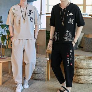 남자퓨전 개량 생활 세트 승복 면 린넨 봄 여름 반팔 긴바지 절옷