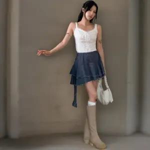 여성 체크 패턴 언발란스 프릴 미니 스커트 캉캉 스타일