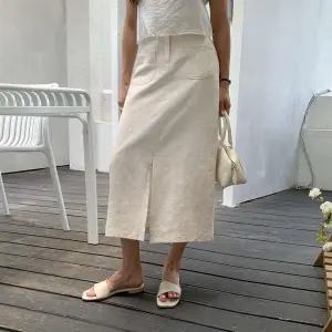 여성 클래식 린넨 포켓 H라인 롱 스커트