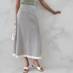 여성 면혼합 미세 체크 레이스 밑단 A라인 롱 스커트