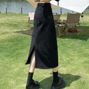 여성 캐주얼 면혼방 뒷슬릿 롱 블랙스커트
