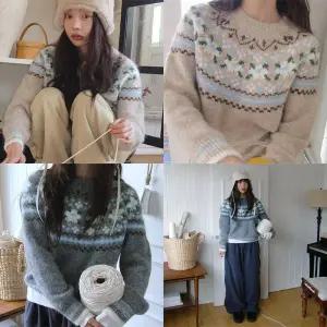 [모코블링]꽃송이 노르딕 울 니트 노르딕니트 긴팔니트 오버핏니트 라운드넥 겨울니트