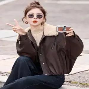 블랙팬서 여성 가을 겨울 기모 도톰 슬림핏 캐주얼 보온 퍼 칼라 가죽 코트 OPH4