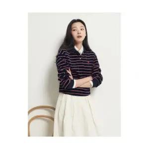 빈폴 BEANPOLE LADIES 벨벳 스트라이프 폴로 티셔츠 네이비 BF5Y41C01R 409188