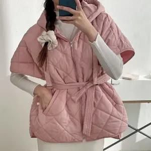 [옷자락]여자 빅사이즈 핑크패딩 벨트 후드집업 판초 퀼팅 점퍼_P414198190