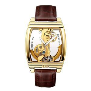 MASTOP 남성 럭셔리 비즈니스 투명 자동 스팀펑크 골격 감기 기계식 가죽 드레스 손목시계
