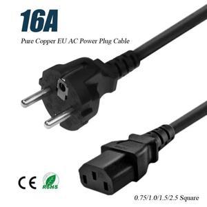 순수 구리 EU AC 전원 플러그 케이블  CE 인증 유럽 표준 테일 코드  16A 0.75  1.0  1.5 스퀘어  3 핀