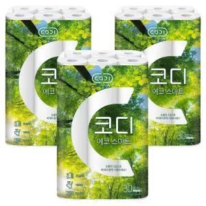 코디 3겹 집들이 사무실 가정 에코 스마트 롤화장지 22m 30개입 3개