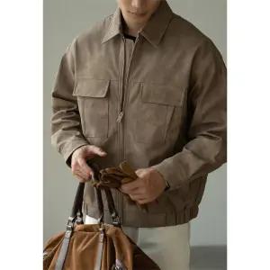 남성 트렌디 아이템 점퍼 블루종항공 빈티지 터틀넥 집업 가죽 코트 가을 겨울 쇼트 캐주얼 재킷 HT4