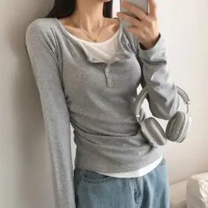 [다잇템] 여성 슬림핏 콘트라스트 코디 롱슬리브 잔주름 티