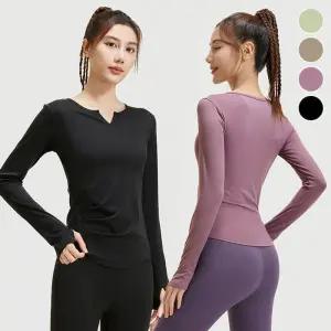 긴팔운동복 헬스 필라테스 러닝 솔리드 브이넥 셔링 요가편한복 상의 라스상의 티셔츠
