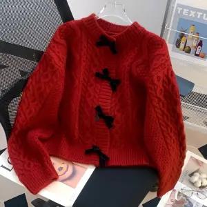 리본 꽈배기 여성 가디건 루즈핏 라운드넥 니트 스웨터 니트티 겨울 라운드 루즈