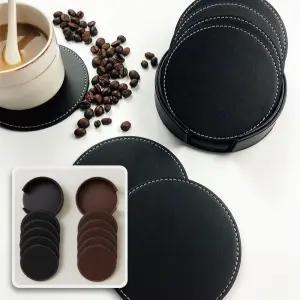 컵코스터 5p 세트 고급 받침 티코스터 방수 논슬립 인조가죽 블랙인테리어 소품추천 논매트 데스크 테이블