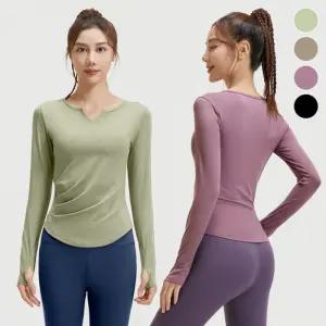 솔리드 브이넥 셔링 긴팔 요가복 ELC-1033운동상의 운동 티셔츠 편한 필라테스 라스