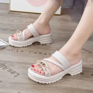 부드러운 미끄럼방지 여름 샌달 슬리퍼 화이트 37여성통굽 폭신한 샌들 비치 스트랩 통굽 키높이