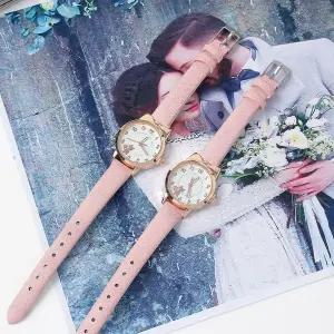 핑크 고양이 손목 시계 2p 세트패션 드레스 캐주얼 메탈 가죽 여성 스트랩