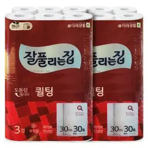 잘풀리는집 롤화장지 퀼팅 30롤, 2개 도톰한3겹 엠보싱 무형광 두루마리휴지