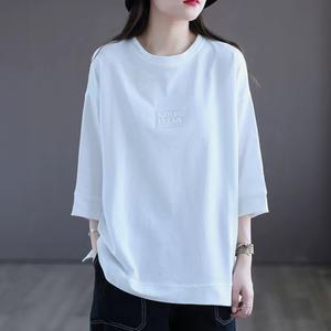 여성용 7부소매 반팔 티셔츠 간절기 봄가을 라운드 여성티셔츠