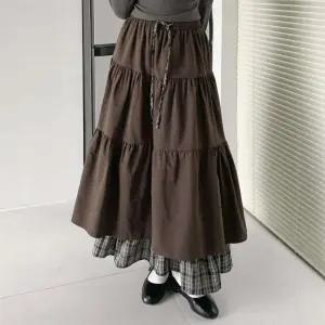 여자 레이어드 체크 핀턱 캉캉 플레어 밴딩 롱 스커트