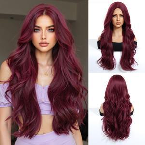 긴 곱슬 레드 와인 가발 중간 가르마 합성 버건디 자연 웨이브 여성 프레 파티 내열