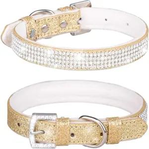 Bmmmayy 라인스톤 개 목걸이 귀여운 눈부신 반짝이는 크리스탈 다이아몬드 가죽 고양이 작은 애완동물