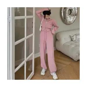 여성 후드 트레이닝 투피스 크롭 후드집업 하이웨스트 와이드 롱 팬츠 편안한 데일리룩