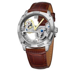 포시닝 남성용 스켈레톤 자동 유니크 디자인 아날로그 패션 캐주얼 손목시계 가죽 스트랩