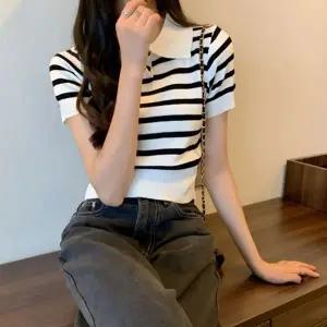 여성 4컬러 여름 투버튼 카라 반팔 스트라이프 니트티 (KYR-WFE9CD2)