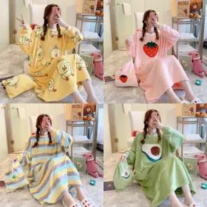 오버핏 빅사이즈 극세사 수면잠옷 원피스 + 파우치 세트 여성용 홈웨어 파자마 산모 임산부 임부