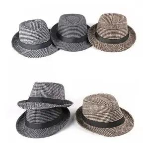 중년남성 3컬러 모직체크 페도라캡 신사모자 중절모