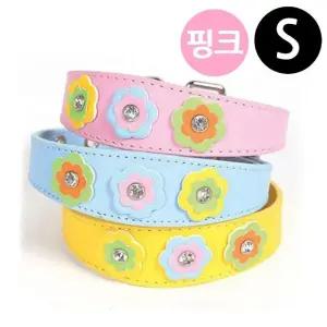 지엠펫 S 플라워 강아지 목줄 가죽목줄 핑크 샤이니 (WFJ7U8N)