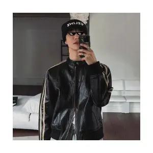 키체샵 남성 항공 점퍼 메일라드 스트라이프 가죽 재킷 가을 쇼트 차이나 코트 HO3