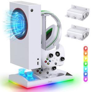 [포르르] xbox series s 콘솔 및 컨트롤러용 업그레이드된 rgb 냉각 팬 충전소, 2*1400mah 충전식 배터리가 장착된 15가지 컬러 라이트 모드 액세서리가 있는 듀얼 충전기 도크 쿨러 시스템 스탠드, 화이트