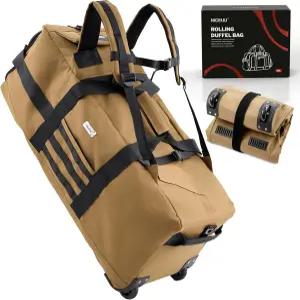 바퀴 80L 방수 롤링 더플 백 가먼트 군사 밀리터리 접이식 백팩 배치 여행용 캠핑 스포츠 (카키)