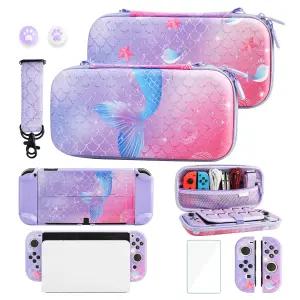 닌텐도 스위치 OLED와 호환 GLDRAM 퍼플 휴대용 케이스 여행용 케이스가 있는 귀여운 악세사리 키트 OLED