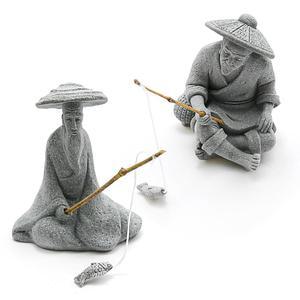 듀즈포레이 2PCS 앉아있는 낚시 피규어 사암 빈티지 장식물 어항 화분 정원용 일본 장식 집 수족관 미니 어부상 아시안 젠 장식