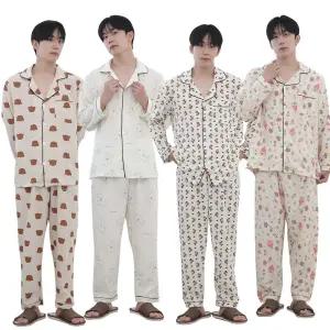 남성 포포면 긴팔 파자마 상하세트 곰돌이 잠옷 단추여름바지 고무 밴딩팬츠 남자 커플 체크 사계절