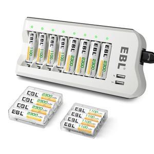 EBL AA 2300mAh 8팩 및 AAA 1100mAh Ni-MH 충전식 배터리 2개의 USB 충전 포트가 있는 충전기